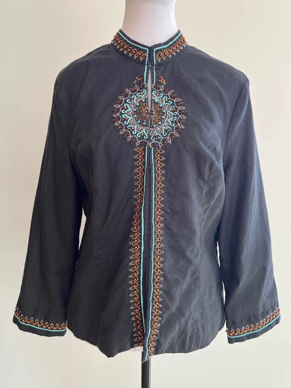 SARAH SPENCER 100% Linen Black Jacket Fully Lined Boho Turquoise Beaded Detail
